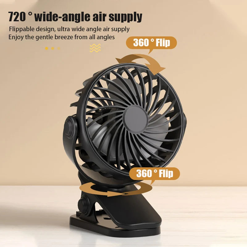 Ventilador eléctrico portátil recargable con clip colgante giratorio de 720°, luz nocturna, enfriador de aire para acampar al aire libre, ventiladores pequeños.