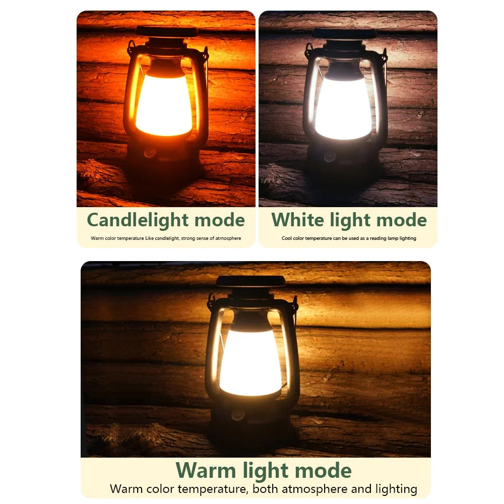 Luz de camping recargable por USB, portátil, para colgar en tienda de campaña, 3000-5000 K, atenuación continua con carga solar.