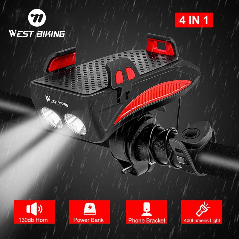 WEST BIKING Multi-Function 4 in 1 Bicycle Front Light 2000/4000MAh USB Charging Bike Flashlight Convenient Cycling Phone Holder
