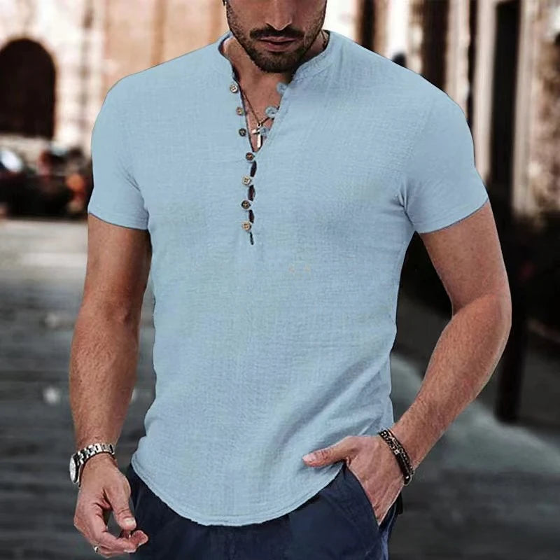 Camisa para caballero en cuello V de lino y algodon