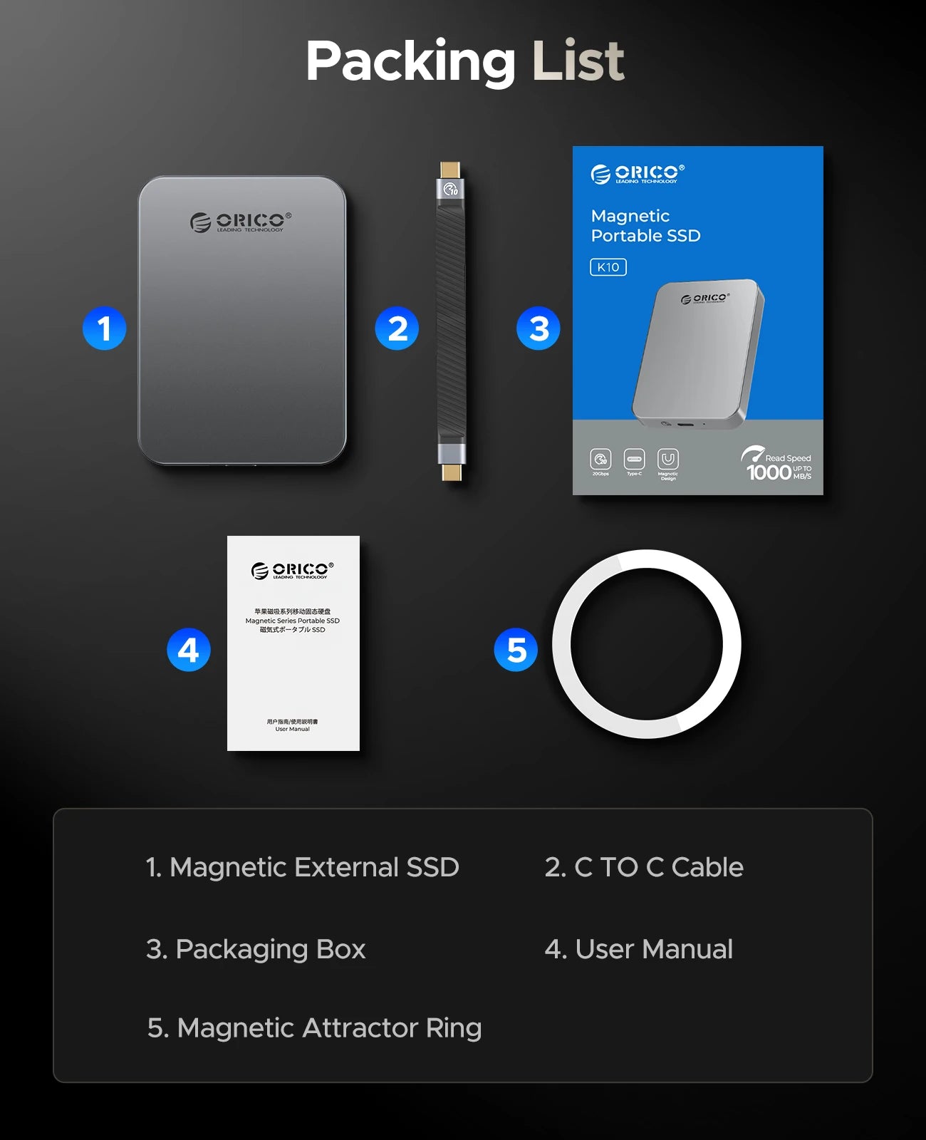 ORICO SSD magnético de 1 TB, carga PD100W, 4K ProRes HDR, 1000 MB/s USB 3.2, disco duro externo portátil para iPhone 16/15 y portátiles