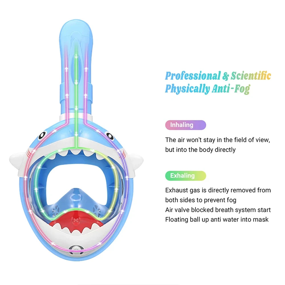 Kids 180° Panoramic Full Face Snorkel Mask Leak-Proof Safety Lens Foldable Dry Top Adjustable Soft Silicone Youth Snorkeling