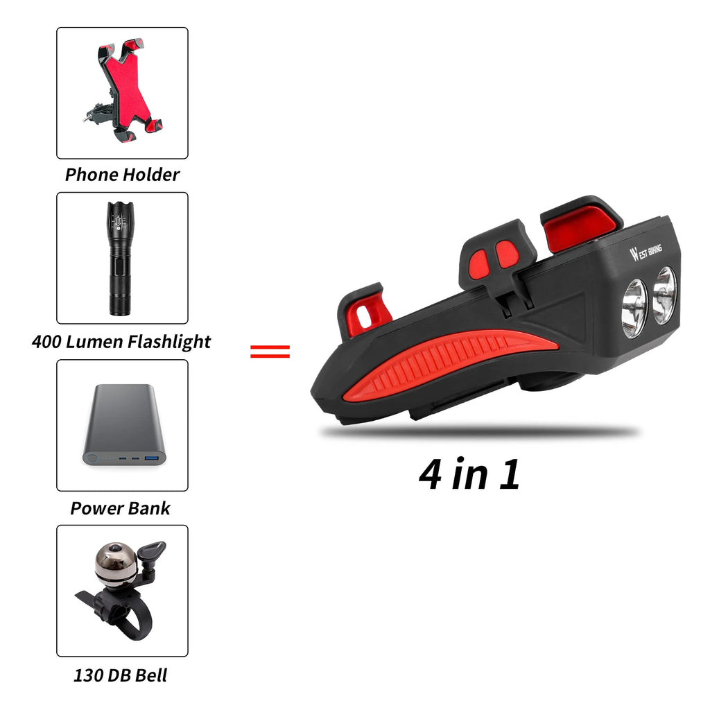 WEST BIKING Multi-Function 4 in 1 Bicycle Front Light 2000/4000MAh USB Charging Bike Flashlight Convenient Cycling Phone Holder
