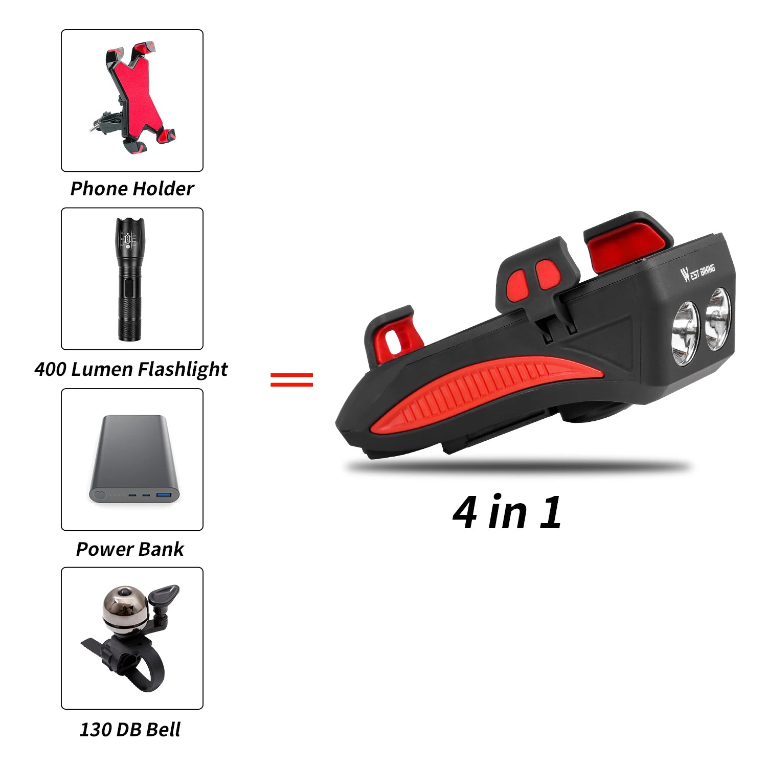 WEST BIKING Multi-Function 4 in 1 Bicycle Front Light 2000/4000MAh USB Charging Bike Flashlight Convenient Cycling Phone Holder