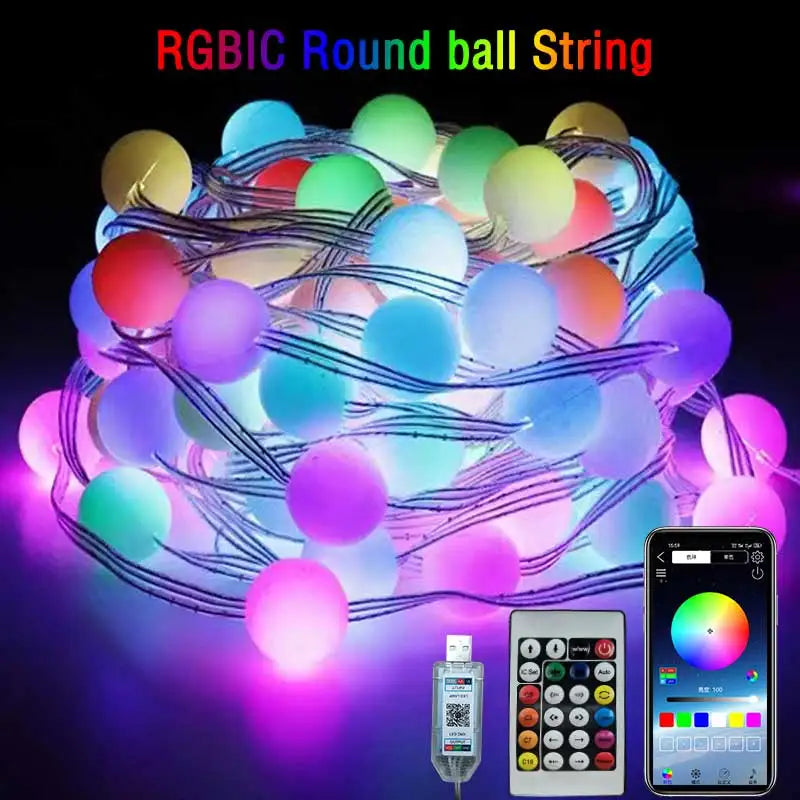 Cadena de luces LED RGBIC redondas de 5 V con Bluetooth, USB, controlador de música con aplicación, para exteriores, impermeable, para camping, decoración de jardín