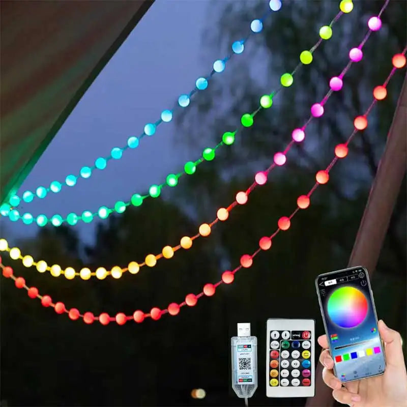 Cadena de luces LED RGBIC redondas de 5 V con Bluetooth, USB, controlador de música con aplicación, para exteriores, impermeable, para camping, decoración de jardín