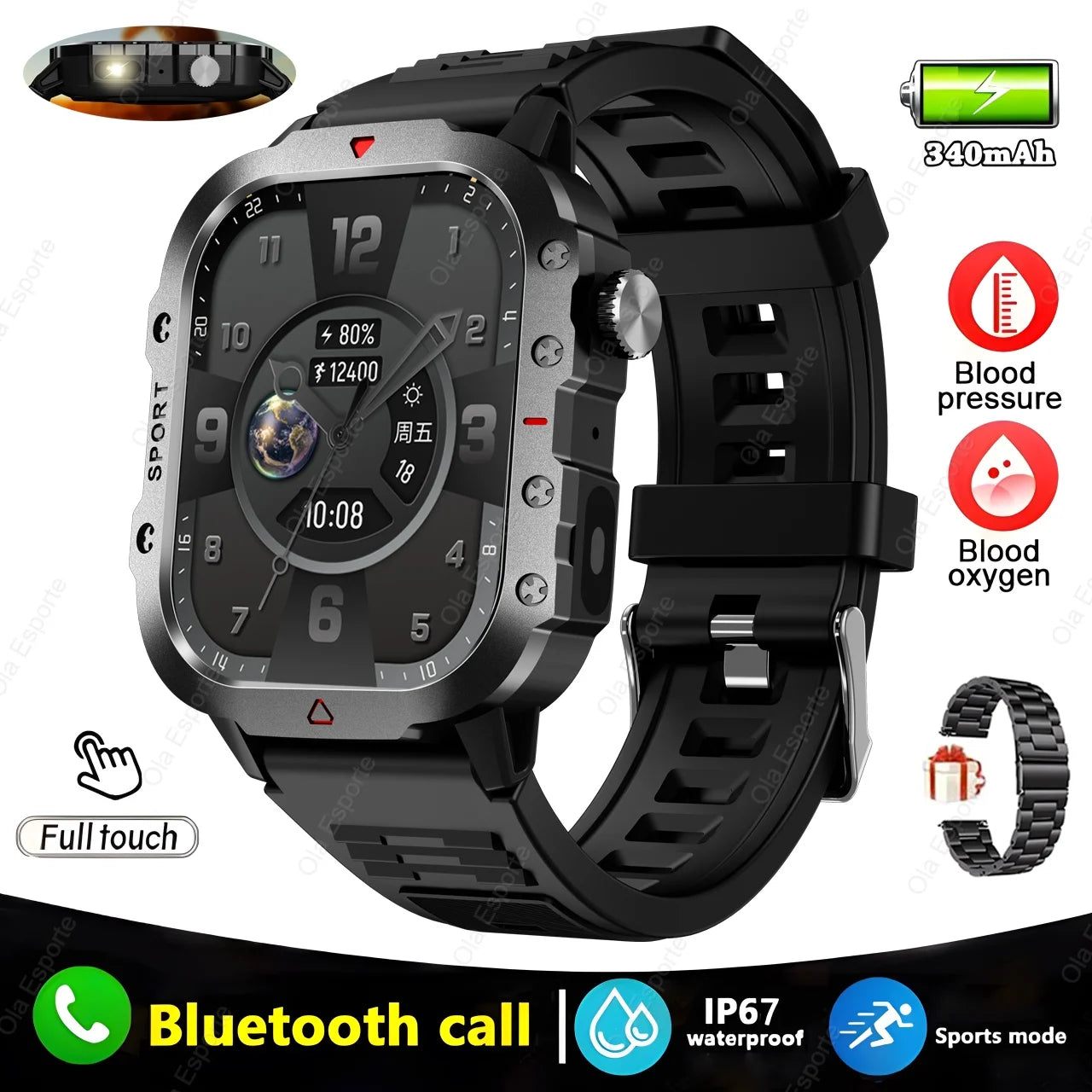 New For Huawei Xiaomi Military GPS Smart Watch Men Flashlight Compass Waterproof Outdoor Sport Tracker Bluetooth Call Smartwatch