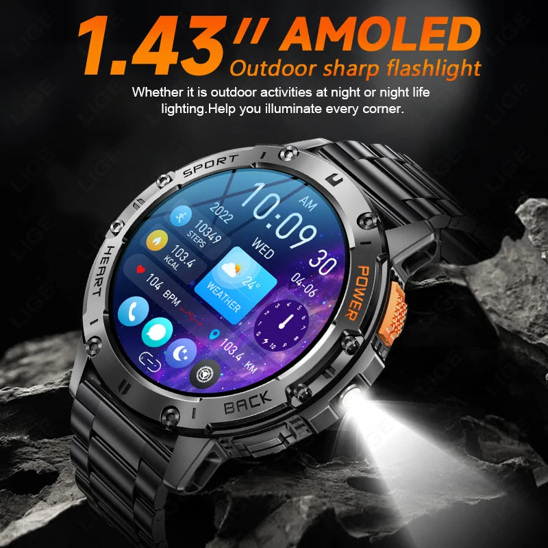 Reloj inteligente AMOLED para Android e iOS, con linterna, deportivo, resistente al agua, rastreador de actividad física, Bluetooth, llamadas y caja.