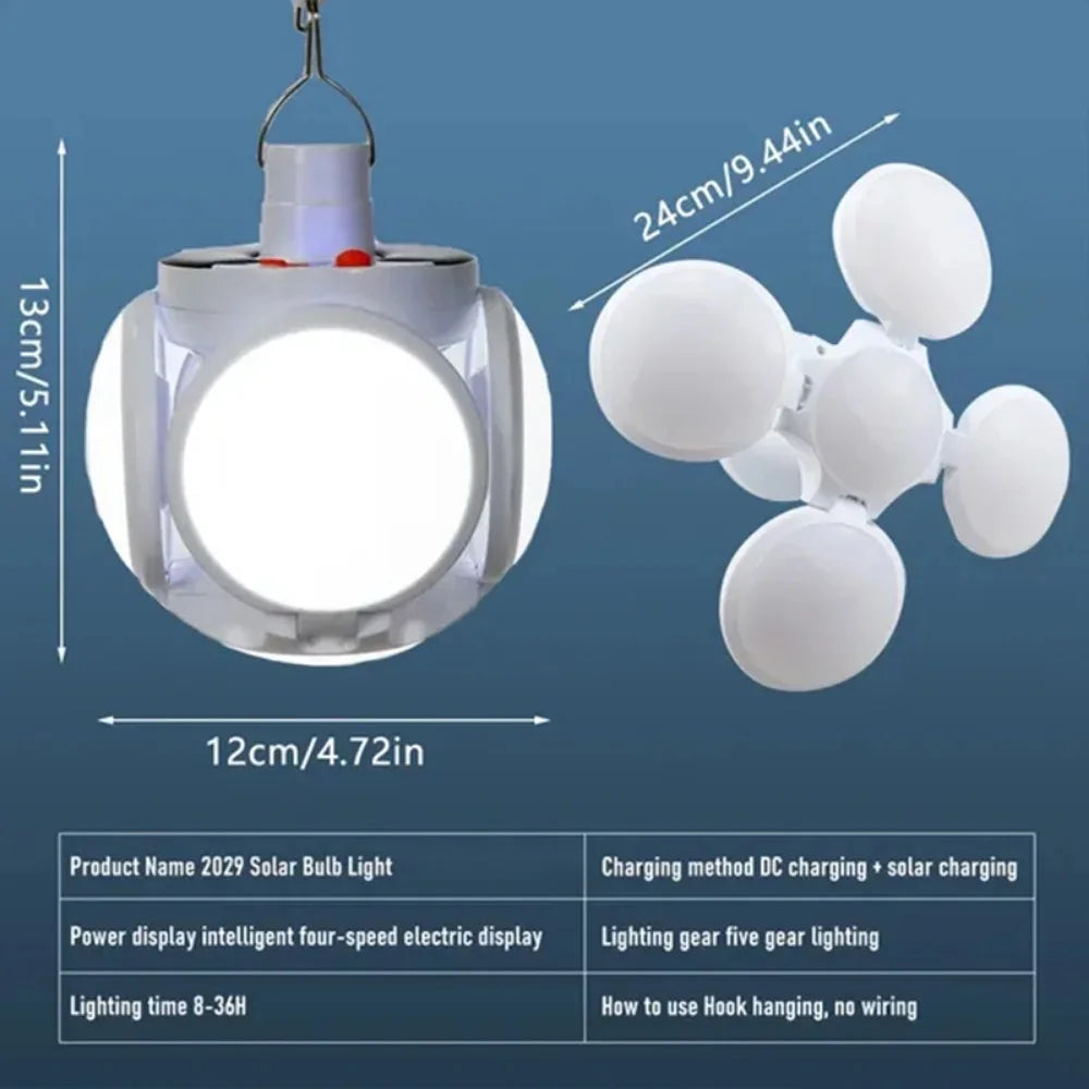 Linterna solar portátil para acampar, LED, recargable, para exteriores, para colgar en tienda de campaña, plegable, con gancho, luces de emergencia