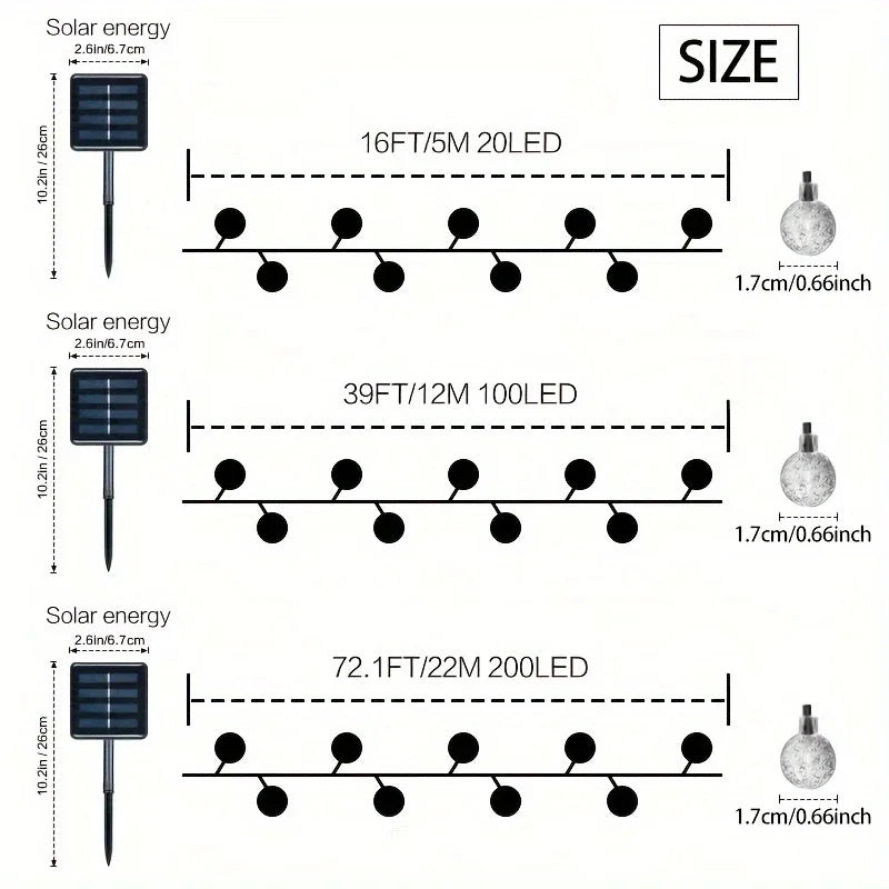 Guirnalda de luces solares de cristal con 20/100/200 LED, luces solares para exteriores, con 8 modos de iluminación, ideal para Halloween