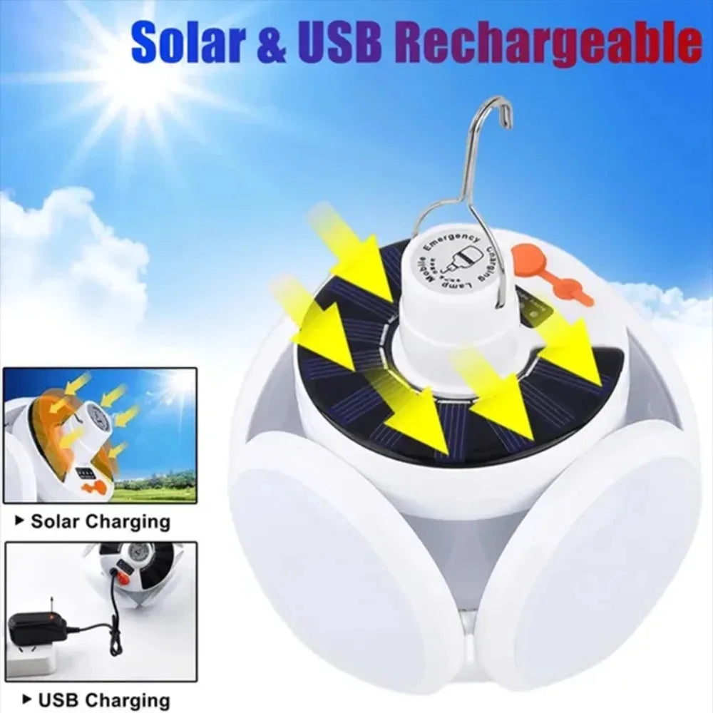 Linterna solar portátil para acampar, LED, recargable, para exteriores, para colgar en tienda de campaña, plegable, con gancho, luces de emergencia