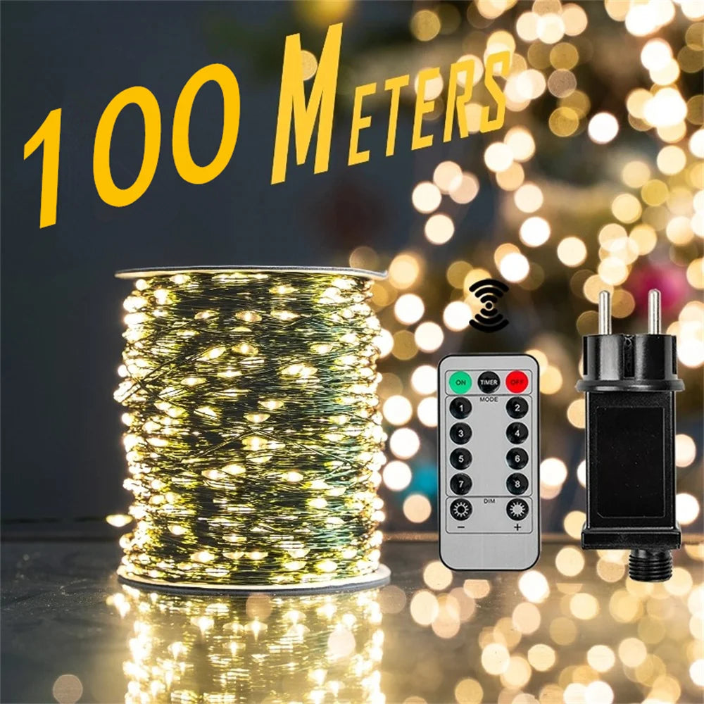 Guirnalda de luces LED de 1000/500 para decoración navideña de exteriores, resistente al agua y con mando a distancia, ideal para árboles, calles, bodas y fiestas.
