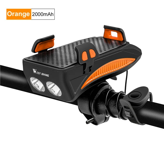 WEST BIKING Multi-Function 4 in 1 Bicycle Front Light 2000/4000MAh USB Charging Bike Flashlight Convenient Cycling Phone Holder