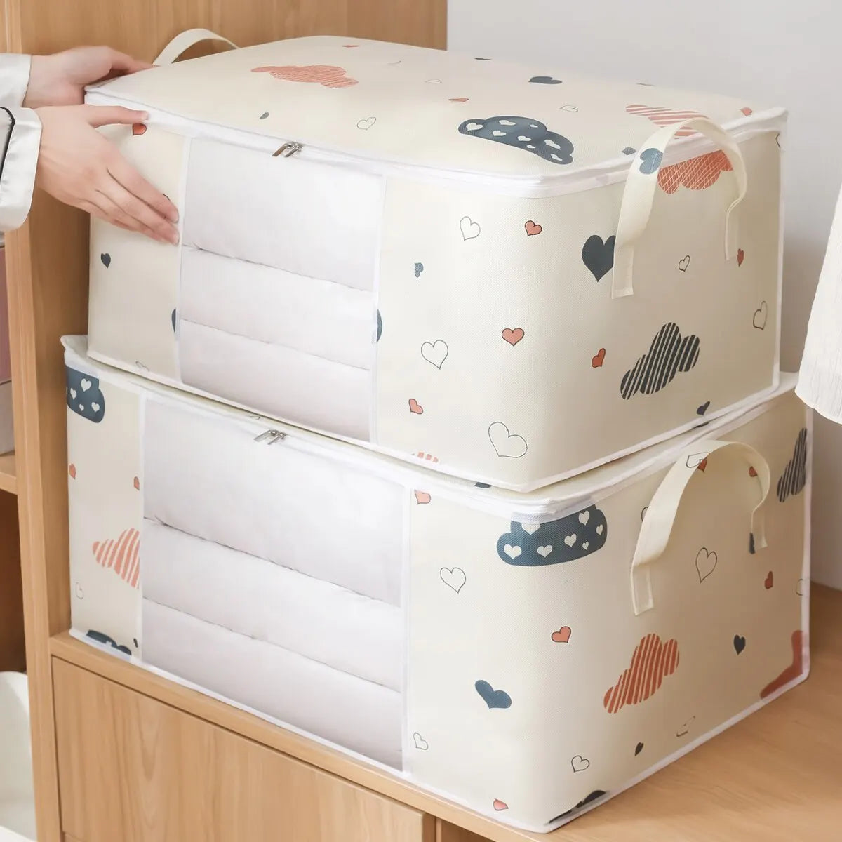 Bolsa de almacenamiento para ropa, edredón, edredón, manta, organizador de gran capacidad, resistente a la humedad y al polvo, color azul y blanco, 1 unidad