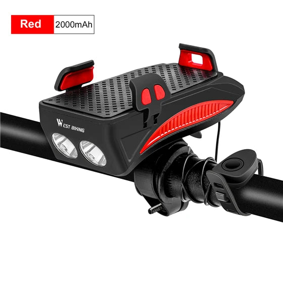 WEST BIKING Multi-Function 4 in 1 Bicycle Front Light 2000/4000MAh USB Charging Bike Flashlight Convenient Cycling Phone Holder