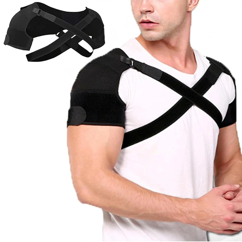 Double shoulder support belt with adjustable strap and cross compression bandage for back pain relief.
