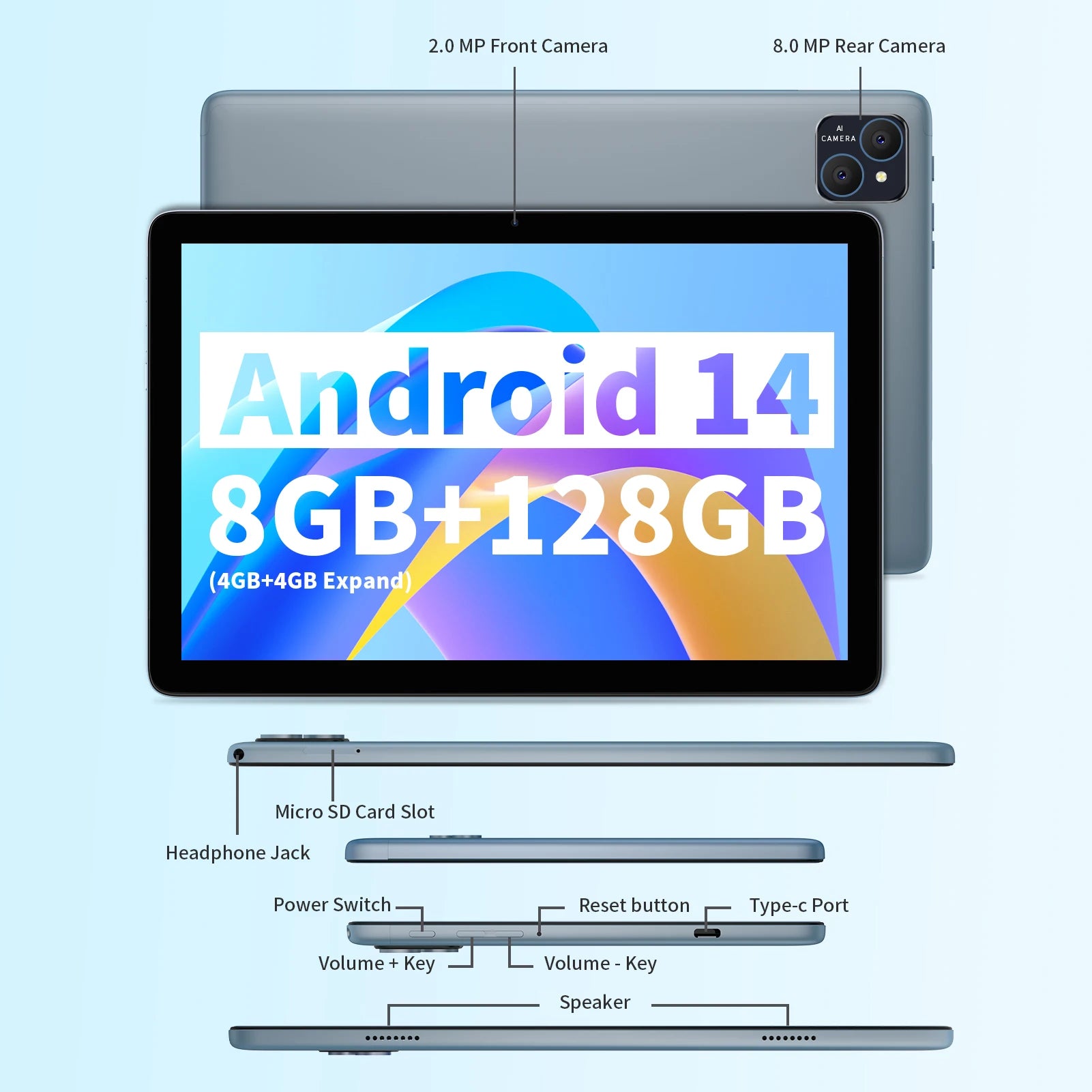 Tableta PRITOM 2 en 1 de 10,1 pulgadas con Android 15 y teclado, 8 GB de RAM (4+4), 128 GB de almacenamiento, 1 TB ampliable, batería de 8000 mAh
